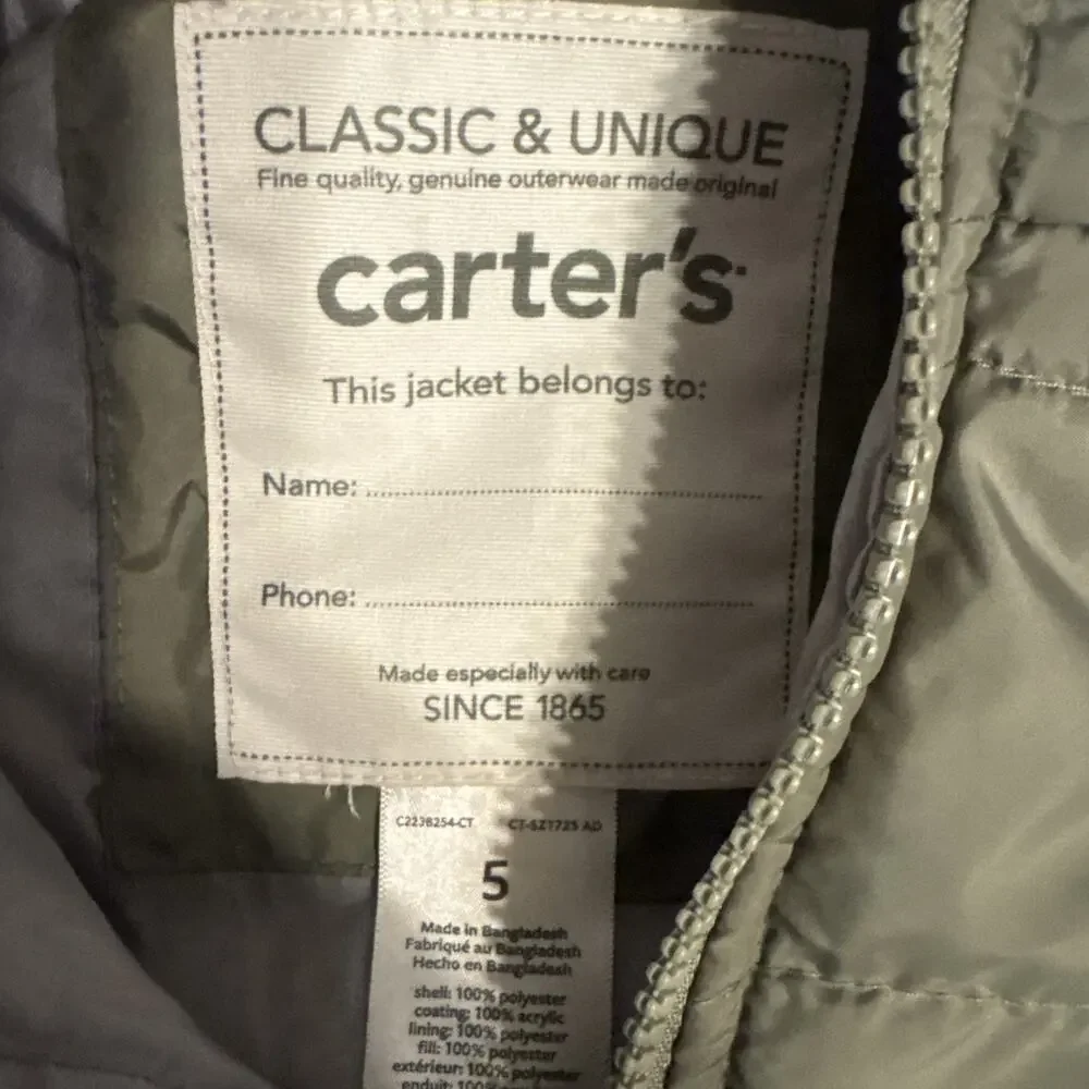 Carter's Size 5 Army Green (Olive) Puffer Winter Coat Jacket Hooded Exc Con'd